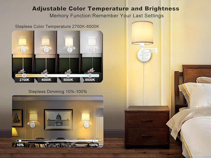 Plug in Wall Sconces with Remote Control, Dimming, Adjustable Colors 2700K-6500K, Hardwire or Plug-in, Swing Arm Wall Lamp, Wall Sconces Set of Two, White Fabric Shade, White Finish