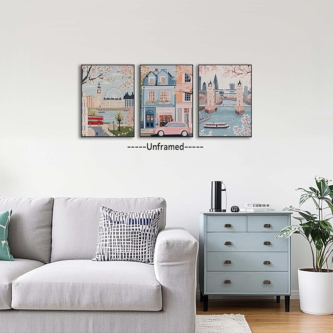 XLARTMY Watercolor City Landscape Travel Wall Art Canvas Framed Pink Cherry Flower Poster Girly Prints Painting Pictures Set of 3 for Bedroom Living Room Office 16x24in Unframed