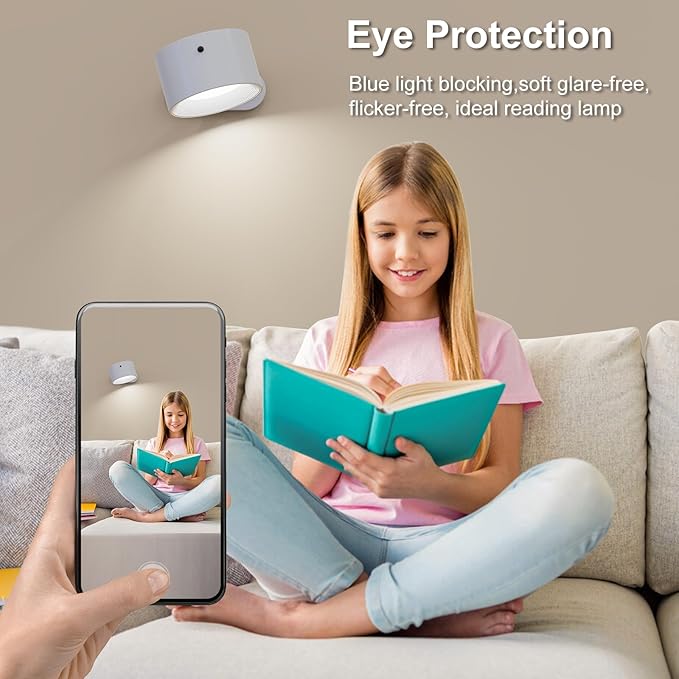 Romote LED Wall Sconce - Rechargeable Wall Light, 3 Colors & 3 Brightness Levels, 360° Magnetic Rotating Head, Bedside Reading Lamp, Easy Install Battery Operated Lamp White Pack of 3