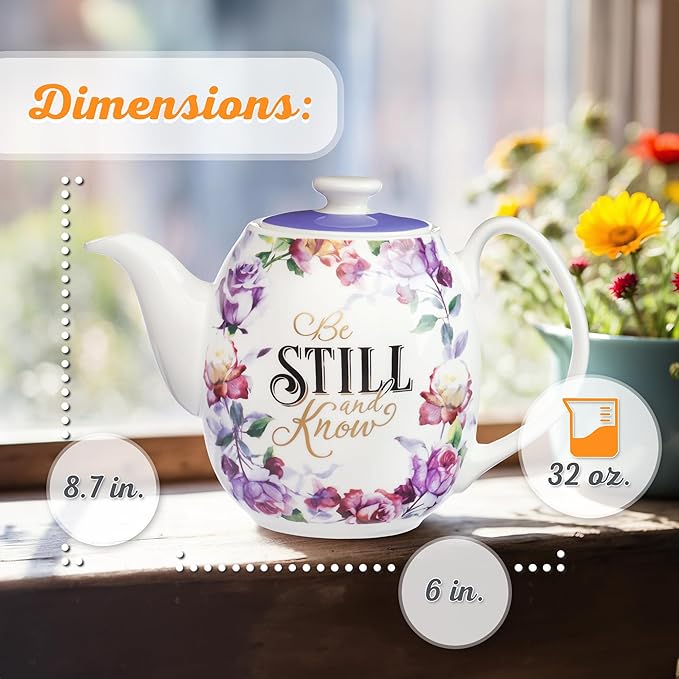 Christian Art Gifts Women's White Ceramic Teapot for One: Be Still and Know - Psalm 46:10 Inspirational Bible Verse, Novelty/Vintage Purple Rose Flower w/Golden Foil for Hot & Cold Liquids, 32 oz.