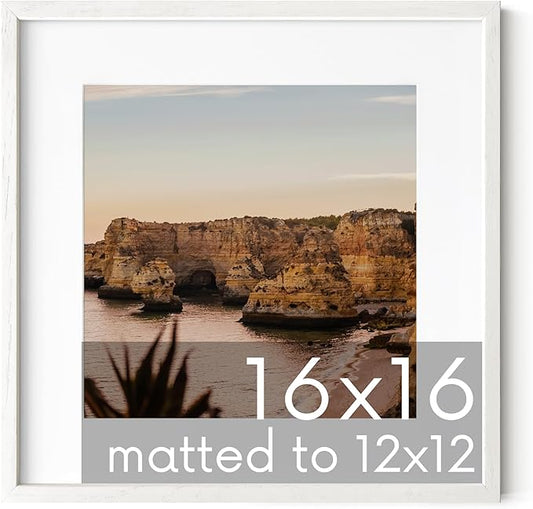 HAUS AND HUES White Oak Wood 16x16 Picture Frame - Square Frame Matted to 12x12, Elegant White Frame for Wall Decor and Artwork (16x16 in, White, Set of 1)