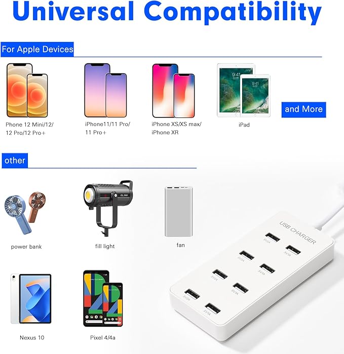 USB Wall Charger USB Charging Station for Multiple Devices 8-Ports Power Hub Strip Smart Charger Block Compatible with iPhone, Galaxy, iPad Tablet, and Other Devices（White）