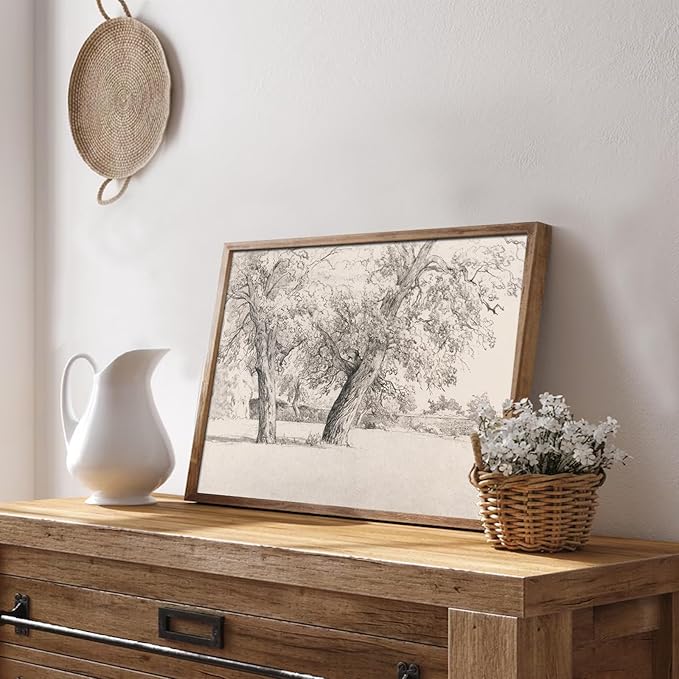 Uniro Neutral Vintage Wall Art for Home Decor, Farmhouse Landscape Tree Sketches Drawing Wall Decor, Rustic Nature Canvas Prints Antique Moody Neutral Landscape Oil Painting Vintage Art Pictures for Bedroom Bathroom Decor( 8" x 10"-UNFRAMED)