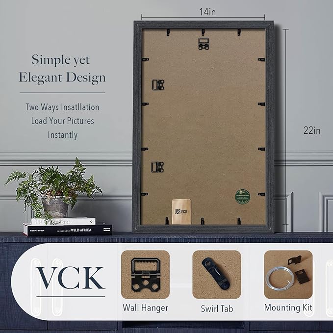 VCK 14x22 Frame for Poster & Picture - Black Oak 3 Pack, Natural Textured Solid Wood Frame, Wall Hanging