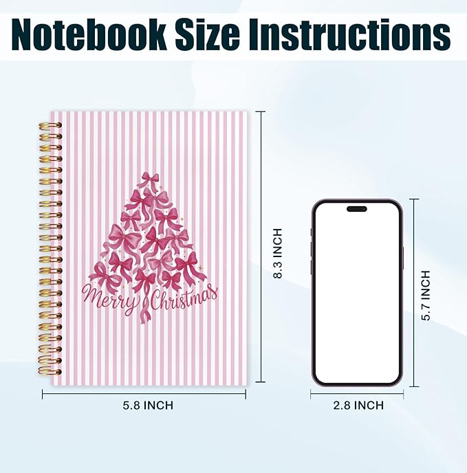 Coquette Pink Bow Christmas Spiral Notebook, Preppy Christmas Tree Journal for School Office Supplies, Girly Xmas Aesthetic Holiday Hardcover Journal 5.5x8.3 Inch