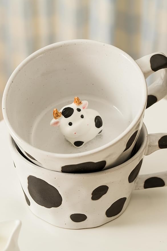 DIHOclub Farmhouse Ceramic Coffee Mug with Animal Figurine – Rustic Stoneware Cup, Matte Finish, Ideal for Breakfast & Home Decor (Black White Cow)