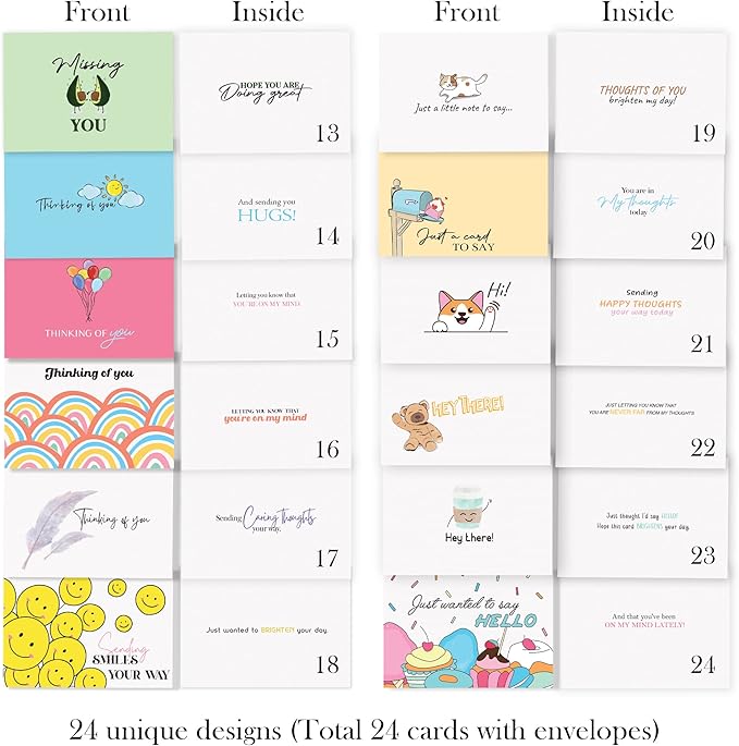 Thinking of You Cards with Envelopes - 24 Thinking of You Greeting Cards with Unique Designs and Inspiring Words - The Perfect Encouragement Cards to Send to a Close Friend, Relative or Loved One (24)