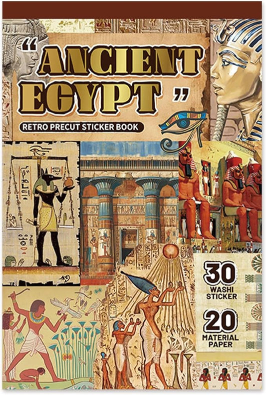 Egyptian Theme Sticker Book, 30 Sheets 300+ Pcs Vintage Aesthetics Stickers & 20 Sheets Washi Paper for Journaling Scrapbooking Bullet Journals Planners Letter Card Making