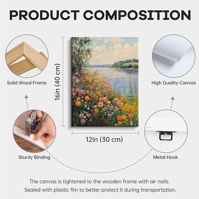 WOXZQ Colorful Wildflower Field by the Lake Wall Art – 12x15 Inch Unframed Laminated Paper Print – Landscape Floral Painting for Home Decor – Tabletop & Hanging Display