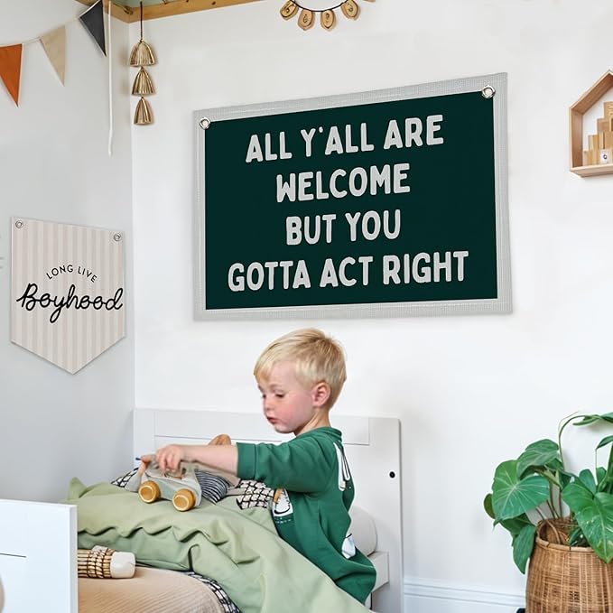 Lacama Vintage Classroom Wall College Dorm Decor, All Y'all Are Welcome But You Gotta Act Right Banner, Retro Wall Hanging Banner Pennant Flag for Bedroom Kids Room Playroom Decor, 30x20 Inch