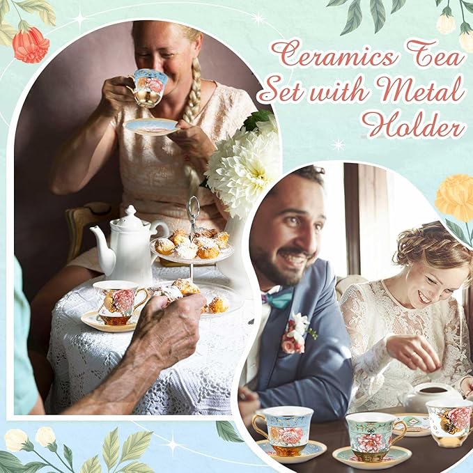 Set of 6 Tea Cups and Saucers Tea Party Decorations Floral Porcelain 5.4 oz British Gift for Women Birthday Party, Church, and Mother's Day (Classic Style)