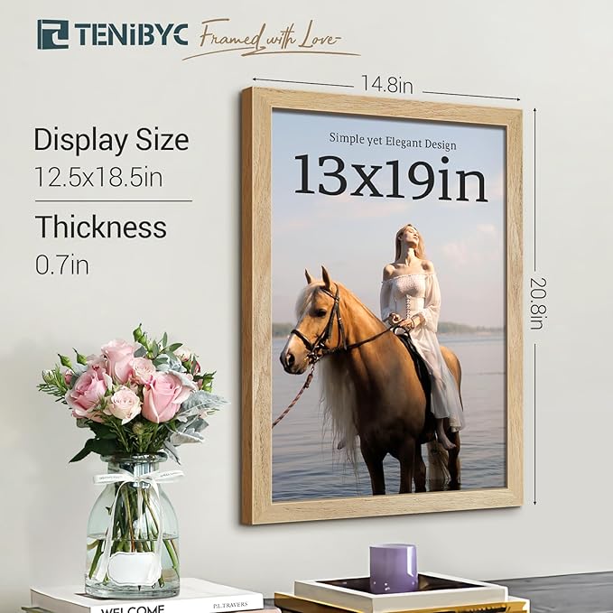 13x19 Picture Frame 4 Pack, Textured Elegant Natural Solid Wood & HD Tempered Glass, Gallery Poster Frame - Wall Hanging
