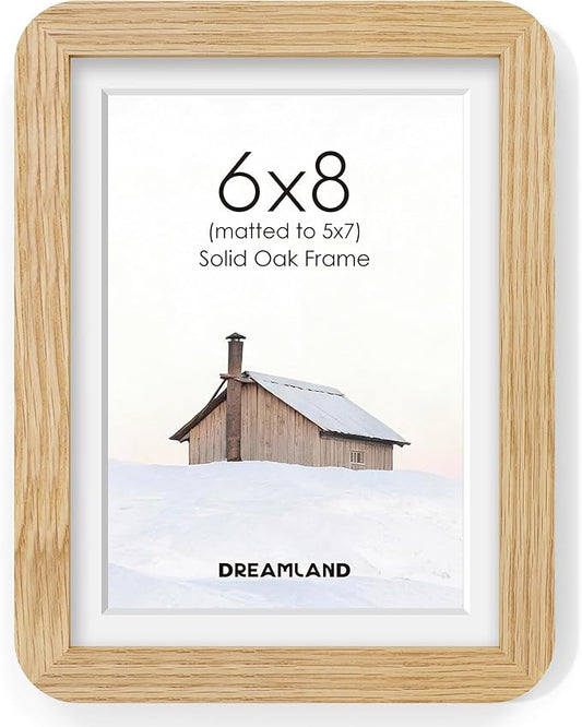 Dreamland 6x8 Picture Frame, Solid Oak Wood Photo Frame with Mat for 5x7, Round Corner 6 x 8 Matted Picture Frames with Resistant Plexiglass for Wall Mounting or Tabletop, Oak Color, Set of 1