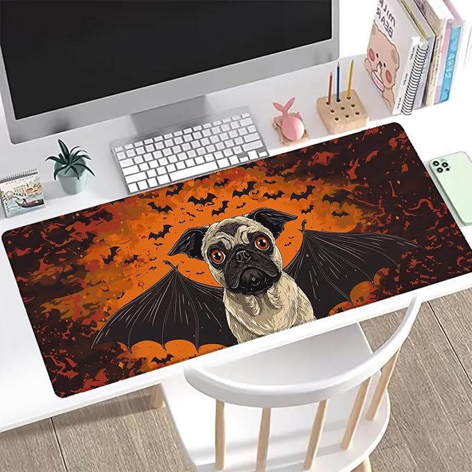Pug Bat Gaming Mouse Pad, Office Desk Mat, Anti-Slip Rubber Base Cool Aesthetic Mouse Pads for Computer Laptop Keyboard School Home Desktop Gamer Home Accessories Decor 31.5" x 11.8"