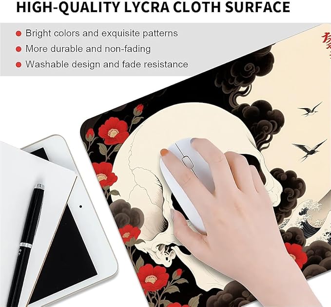Square Mouse Pad Waves and Skulls, Personalized Premium-Textured Custom Mouse Mat Design, Washable Mousepad Cloth, Non-Slip Rubber Base Computer Mouse Pads for Wireless Mouse