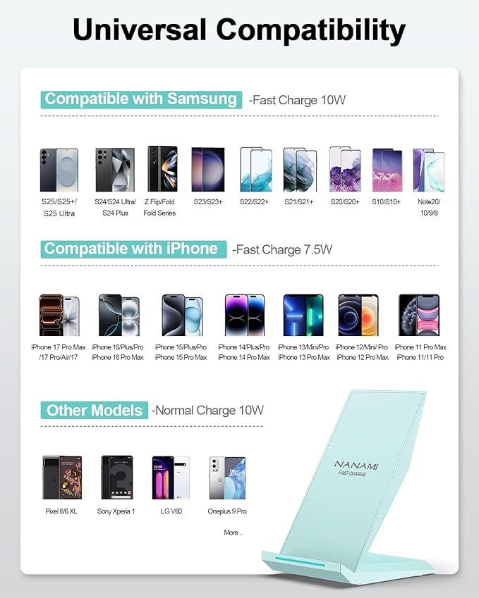 NANAMI Fast Wireless Charger, Qi Certified Charging Stand[with 20W PD Charger] Compatible iPhone 17/16/15/14/13/12/12, Desktop Charger Stand for Samsung Galaxy S25/S25+/S25 Ultra/S24/S23/S22/S21/S20