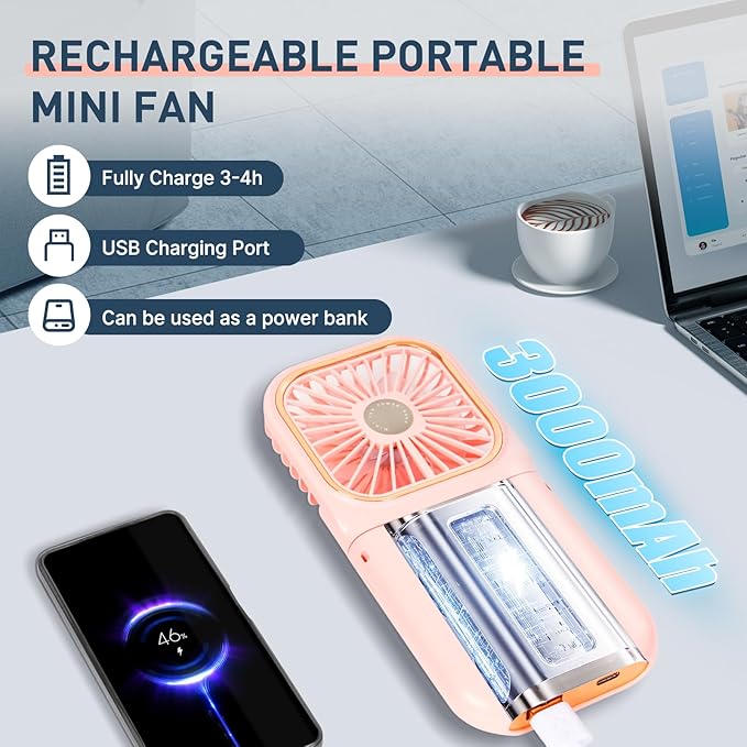 FADACHY Portable Handheld Fan Outdoor Power Bank Mini Fan 3000mAh USB Phone Holder, Handheld Pink Lovely Rechargeable