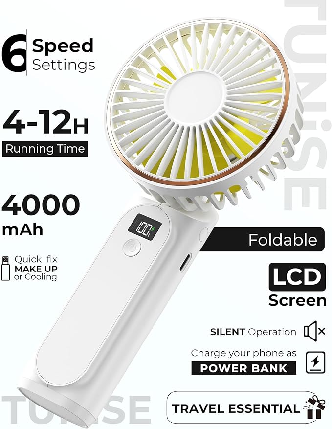 Portable Handheld Fan, Portable Fan Rechargeable, 4000mAh, 180° Adjustable, 6 Speed Wind, Display Electricity in Real Time, USB Rechargeable Foldable F an, Quiet Personal Fan with Power Bank