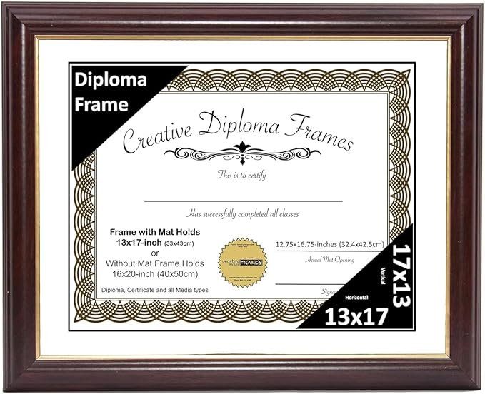Creative Picture Frames 13x17 Mahogany Gold Rim Diploma Frame with White Mat Glass and Installed Wall Hangers | Frame Holds 16x20 Media without Mat