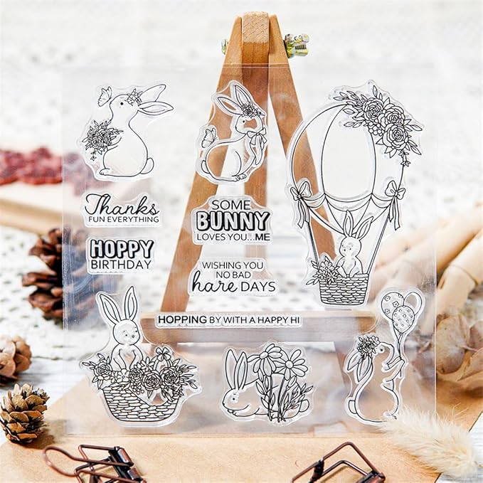 Hot Air Balloon Flower Rabbit Stamps and Cutting Dies for Card Making DIY Transparent Silicone Clear Stamp and Metal Die Cuts Sets for Scrapbooking Paper Greeting Cards Decor Seals Craft Supplies