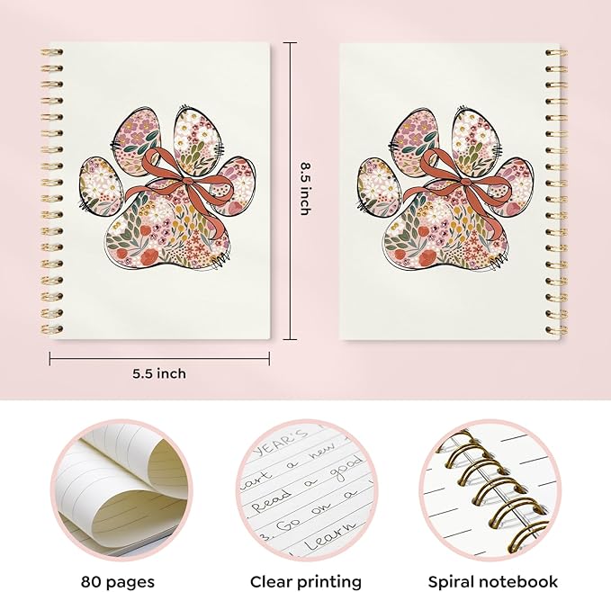 VONTP Boho Floral Dog Spiral Notebook, Dog Mom Lovers Owner Gifts for Women Journal, Pet Lover Gifts, Floral Puppy Paws College Ruled Notebook Journal for Writing, 5.5x8.3