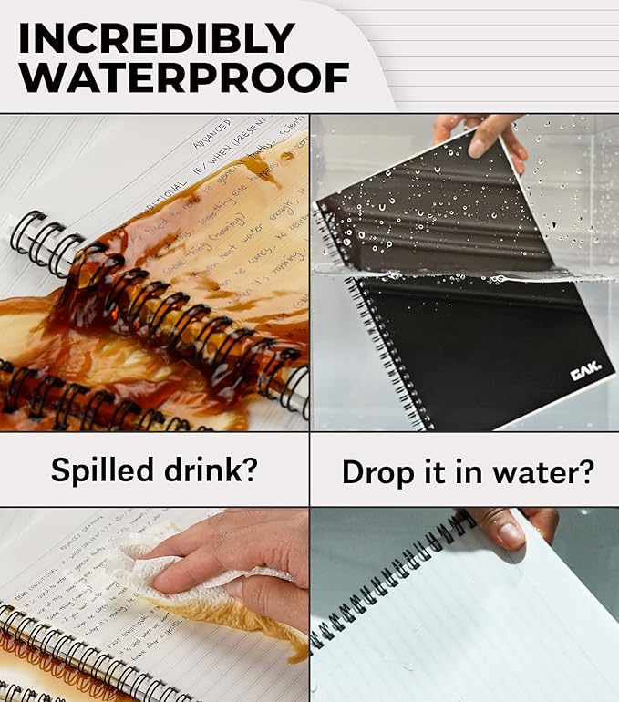 GAK. Stone Paper Waterproof Sheet Spiral Notebook (M Size) – 5.8”x8.3”, 50 sheets, Stone Paper Notebook Journal Note Taking Waterproof Notepad College Ruled Paper Black Notebook Aesthetic School