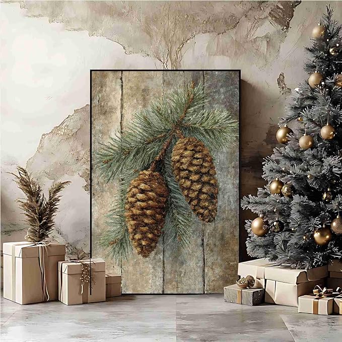 Vintage Christmas Canvas Painting Botanical Wall Art Nature Print Forest Decor Rustic Woodland Poste Holiday Evergreen Art Country Landscape Indoor Decor for Office Living Room Framed Ready to Hang