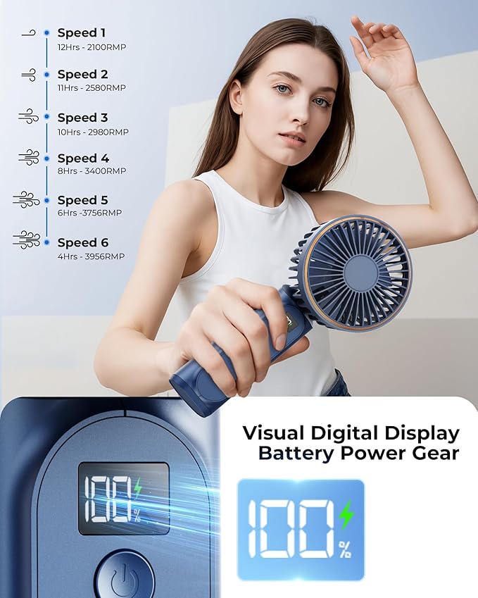 Portable Handheld Fan, Portable Fan Rechargeable, 4000mAh, 180° Adjustable, 6 Speed Wind, Display Electricity in Real Time, USB Rechargeable Foldable F an, Quiet Personal Fan with Power Bank