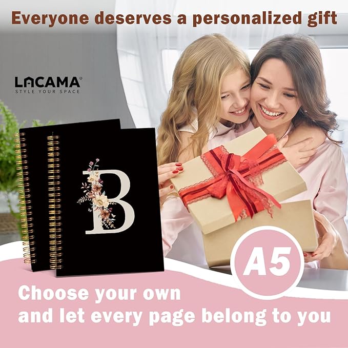 Lacama Cute Initial Letter B School Notebook Journal, Aesthetic Wildflower Personalized Black Spiral Notebook, School Supplies, Customized Monogrammed Gifts, Birthday Gifts for Women, Office Supplies