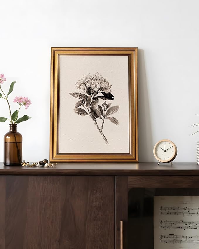 Bzstyleart Vintage Wall Art Decor,Canvas Framed Flower Wall Art,Sketch Painting Picture,Mountain Laurel Vintage Home Decor Aesthetic for Living Room,Bathroom Pictures,12L x 16W