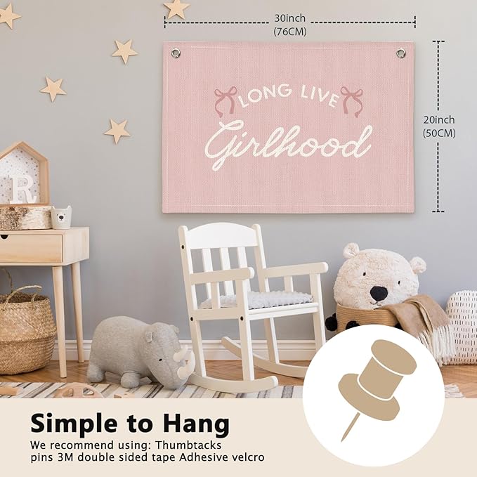 Coquette Pink Bow Long Live Girlhood Preppy Room Decor - Linen Banner Wall Hanging Canvas Banner Flag Decor for Girls Nursery Toddler Playroom Bedroom Dorm Apartment