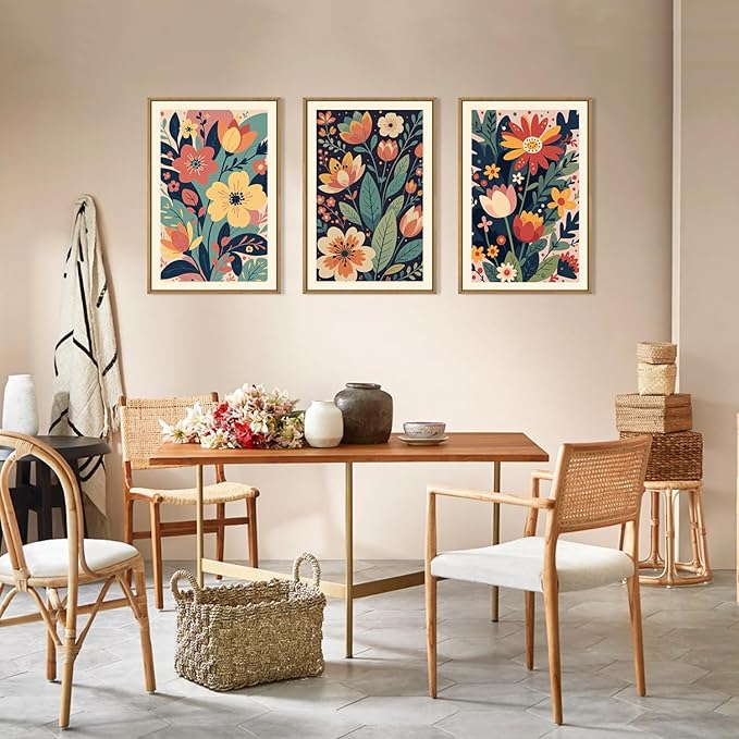 KAIRNE Vintage Colorful Floral Framed Canvas Wall Art Set of 3, Mid Century Modern Flower Wall Decor, Wildflower Plant Painting, Boho Botanical Art Prints for Living Room, Bedroom, Office, 16X24 Inch