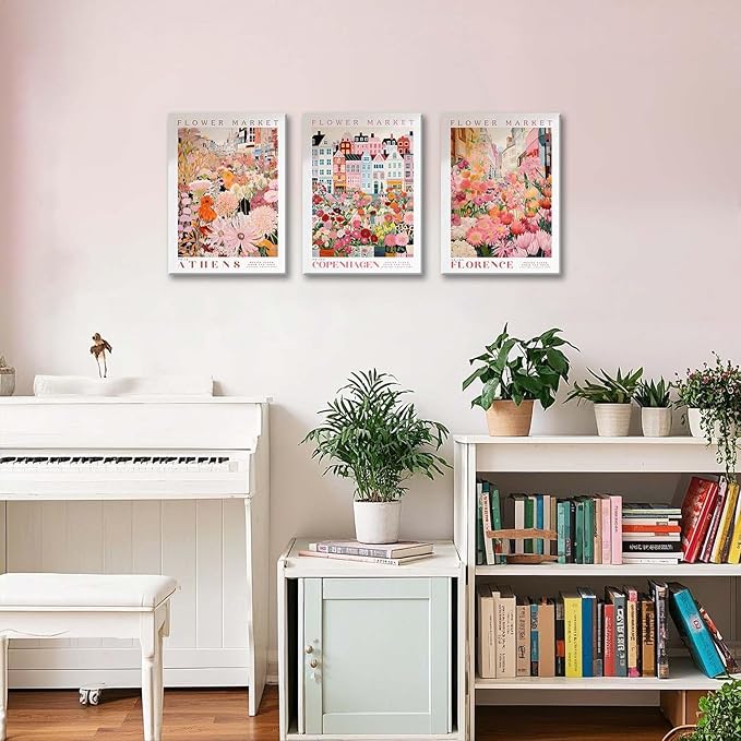 XLARTMY Flower Market Wall Art Print Canvas Framed Pink Floral Paintings Colorful Botanical Sunflower Artwork Travel Poster for Decor Picture 3 pieces for Living Room Bedroom Bathroom 12x16in