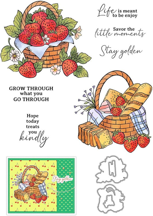 Strawberry Bread Basket Stamps and Cutting Dies for Card Making DIY Transparent Silicone Clear Stamp and Metal Die Cuts Sets for Scrapbooking Paper Greeting Cards Decor Seals Craft Supplies