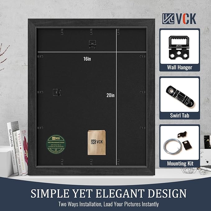 VCK 16x20 Picture Frames Black Set of 5, Wide Border Wood, Tempered Glass, Display 11x14 Photo with Mat or 16 x 20 without, for Home, Office, Gallery, Woodgrain Series, Wall Hanging