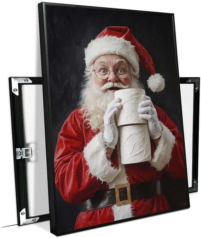 Santa Claus Canvas Print Santa with Toilet Paper Humorous Holiday Poster Holiday Evergreen Art Rural Art print Christmas Bathroom Canvas Painting Indoor Decor for Home Bathroom Framed Ready to Hang