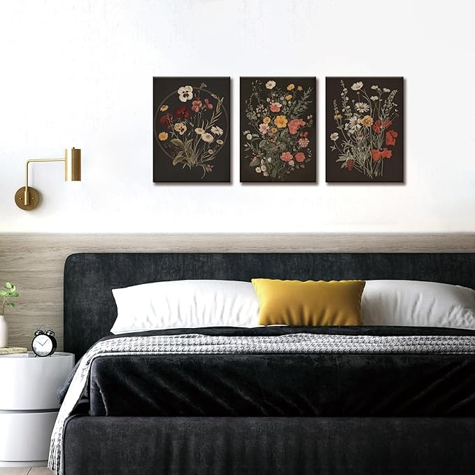 TUEASKY 3 Piece Dark Floral Canvas Wall Art Vintage Botanical Wall Art Moody Flower Decor Black Wildflower Art Prints for Living Room Bedroom Office 12x16in Framed