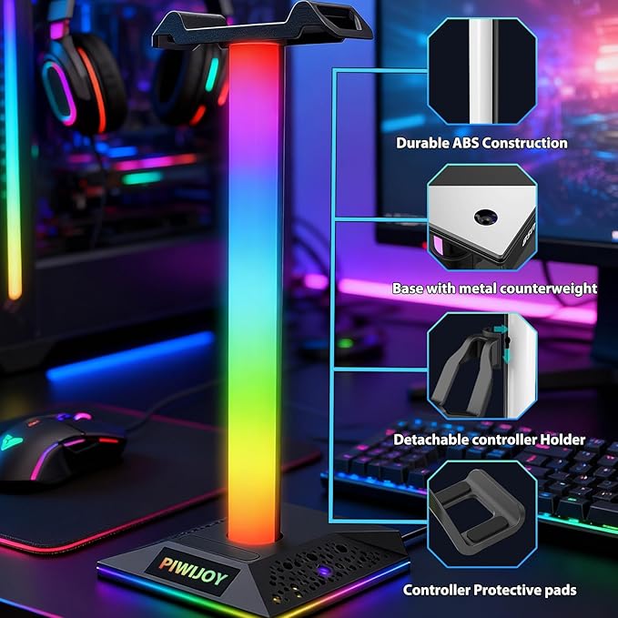 RGB Gaming Headset Stand with USB Hub - 2 USB Ports & 1 Type-C Port, 10 Lighting Modes, Universal Holder for All Headphones