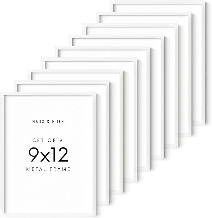 HAUS AND HUES 9x12 White Aluminum Frame Set of 9 - Vertical & Horizontal Hanging, Shatterproof Plexiglass (9x12 in, White)