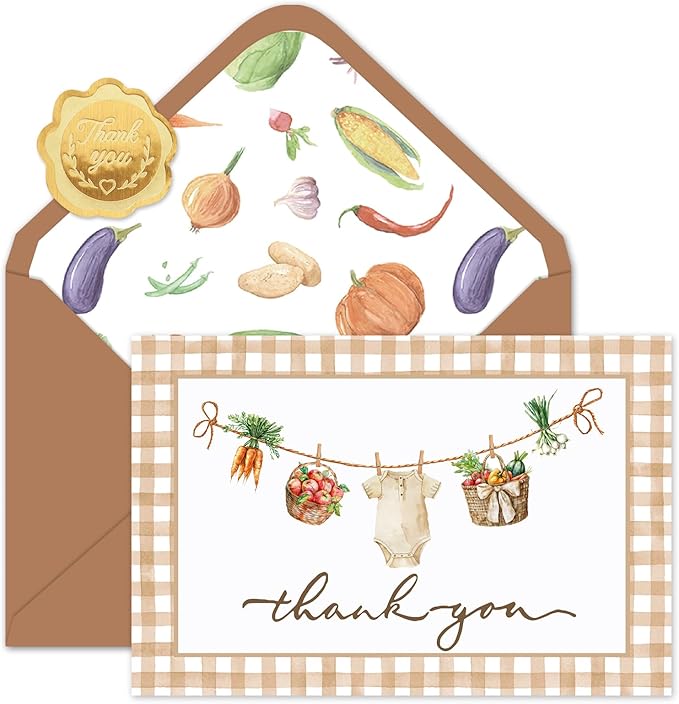 Whaline 24 Pack Baby Shower Thank You Cards Brown Plaid Vegetable Greeting Cards with Envelopes Stickers Cute Blank Note Card for Party Supplies, 4 x 6 Inch