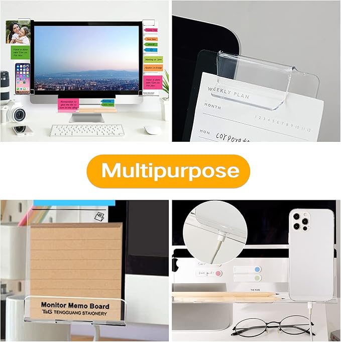 Monitor Memo Boards for Computer, Set of 3 (Left & Right & Bottom) Multifunction Acrylic Screen Message Reminder Pad Side Panels Phone Holder - Utility Organizer for Office Desktop, with Sticky Notes