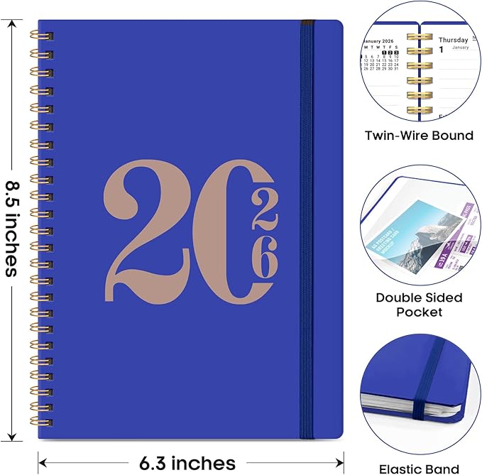 2026 Planner, Weekly and Monthly Calendar Planner for Women, Jan 2026 - Dec 2026, Hardcover Planning Agenda book with Tabs, Spiral Bound, Inner Pocket, Perfect for School Office Supplies, 6.3" x 8.5" - Royal Blue