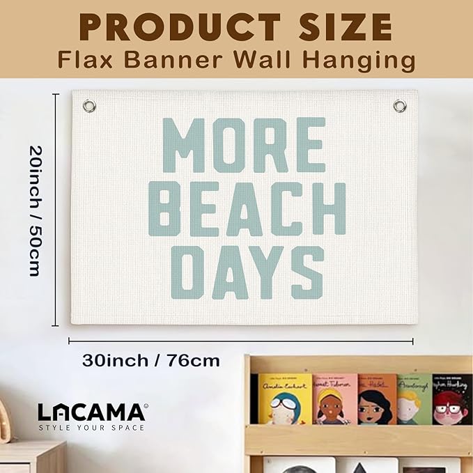 Lacama Beach Theme Wall Decor for Boys Room, Coastal Kids Playroom Nursery Hanging Sign, More Beach Days Linen Canvas Banner, Rustic Nautical Surf 20x30 Inch