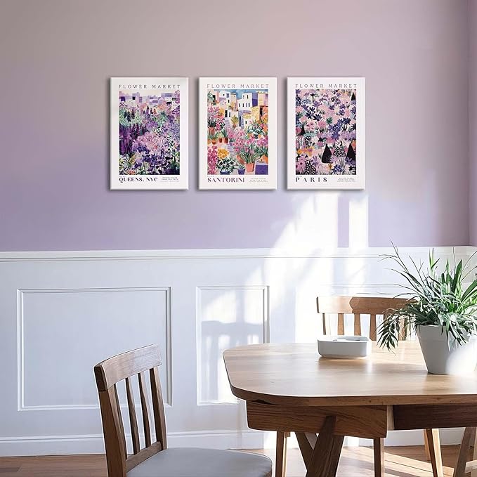 XLARTMY Flower Market Wall Art Prints Canvas Purple and Pink Floral Paintings Colorful Botanical Travel Flower Posters for Home Decor Pictures Set of 3 for Living Room Bedroom 16x24in