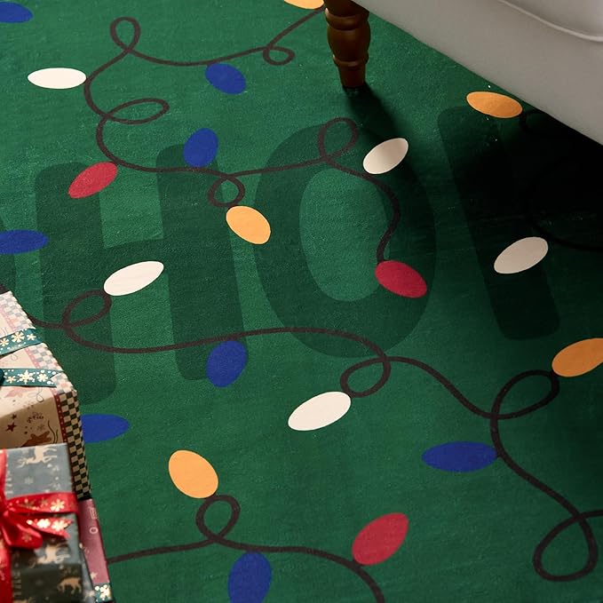 jinchan Jingle Lights Christmas Runner Rug 2x5 for Kitchen Green Holiday Rug for Hallway Bathroom Colored String Lights Pattern Xmas Decor Washable Runner for Entryway Laundry Room Bedroom Non-Slip