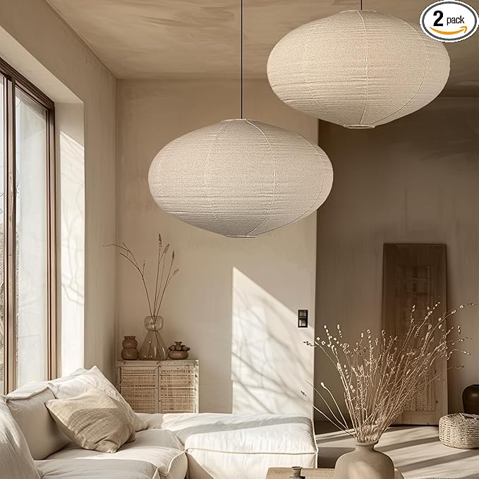 2Pack Oval Linen Pendant Lamp Shades 20inch hanging lampshade Handmade Fabric Light Covers for Garden Patio Boho Living Room Artistic Bedrooms Minimalist Decor for Creatives