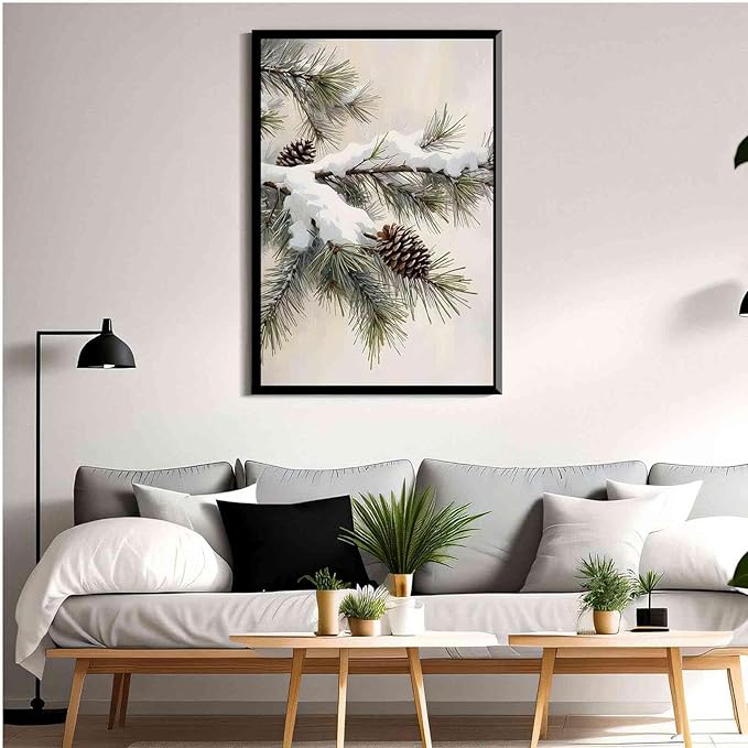 Framed Canvas Wall Art Snowy Fir Branch with Pinecones Vintage Winter Botanical Art Rustic Cottagecore Nature Decor Christmas Wall Print 12x18in Metal blackFramed