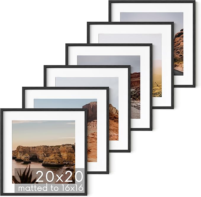 HAUS AND HUES Black Oak Wood 20x20 Picture Frames - Set of 6, Square Frames with Mat, Premium Frames for Wall Displays (20x20 in, Black, Set of 6)