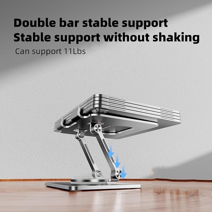 iPad Stand for Desk, Tablet Holder with Thickened 360° Rotating Base Dual Rod Adjustable Aluminum Stand for All 4-12.9’’ iPad Surface Samsung Phone Tablet Kindle E-Reader and More, Silver