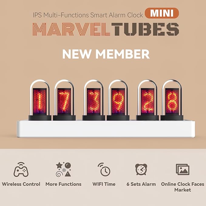 Nixie Tube Clock Glow Tube Clock IPS Color Screen Digital Clock with 6 Sets of Alarm Clocks, 7 Modes, 12 Customized Pictures, Web Control, no app Required (Yellow)